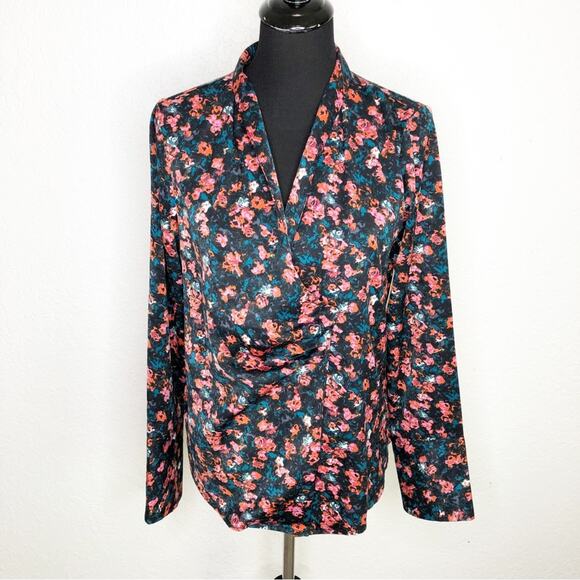 Something Navy black pink floral wrap front top size Medium feminine - Picture 1 of 12